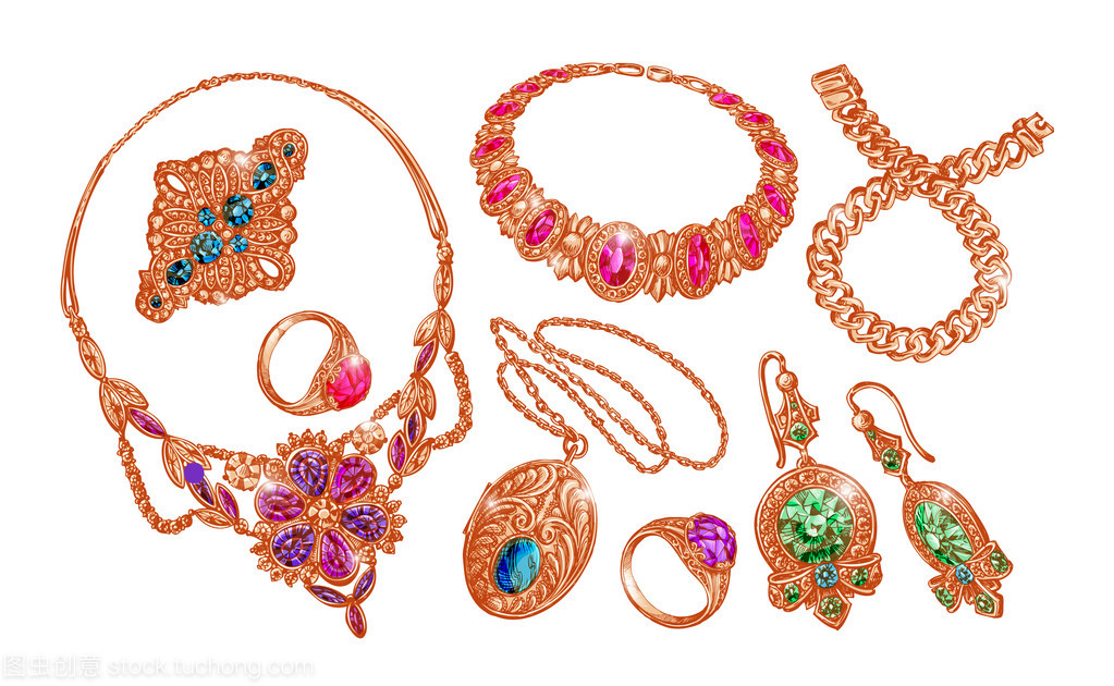 寶石和珠寶。黃金,結婚戒指,項鏈,項鏈,手鐲,耳環,鏈。矢量圖